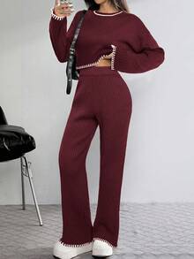 Set casual de 2 piezas para mujer con top de manga larga de cuello redondo y pantalones con ribete de contraste - Burdeos - Ver 4