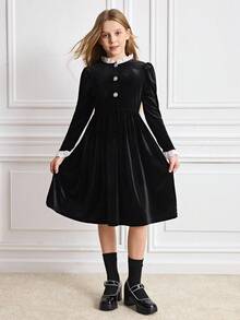 Tween Girl Elegant Color Block Patchwork Dress, Autumn/Winter - Black - View 1