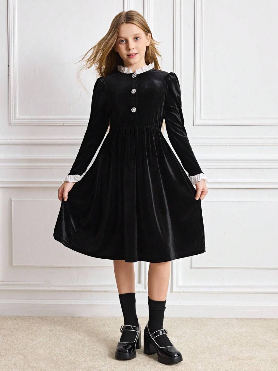 Tween Girl Elegant Color Block Patchwork Dress, Autumn/Winter - Black - View 1