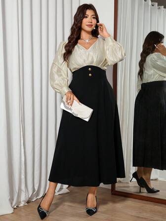 Modelyn 大码拼色长袖 V 领纽扣腰合身优雅黑色和杏色中长连衣裙