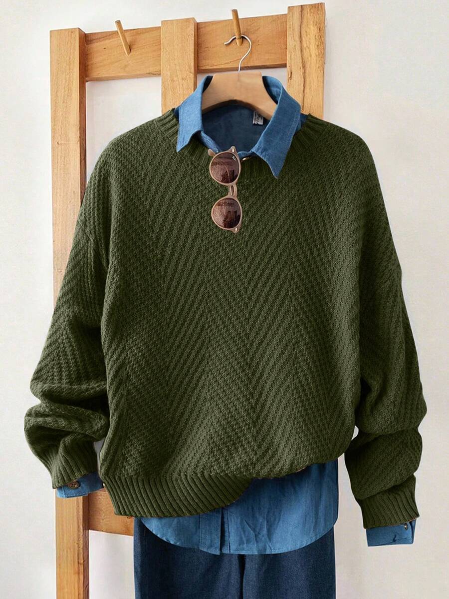 GlowEve 女士休闲纯色针织毛衣，秋冬 - 軍綠色 - 查看 1