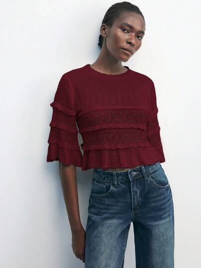 Maija Apricot Cropped Shawl Collar Ruffle Sleeve Vacation Style Sweater For Women, Suitable For Music Festivals & Outings, Autumn/Winter Beach For Women Stylish Collection Christmas