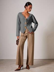 COSMINA Women's Elegant Metal Button V-Neck Cardigan Sweater, Autumn/Winter - Grey - View 3