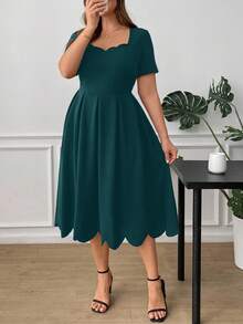 Ellevyn Plus Size Elegant Women Dress With Square Neckline And Shell Trim, Solid Color - Dark Green - View 6