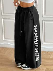Muchica Quần Harem ống rộng in chữ có dây rút, túi eo dành cho nữ - màu đen - Xem 5