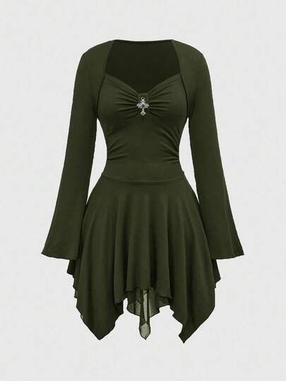 Goth Vestido mini con bajo asimétrico y decoración de cruz gótica