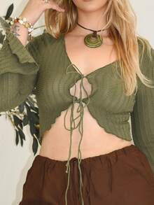 Arliah Atasan Wanita Lettuce Trim Rib-Knit Dasi Depan Plain Casual - Hijau Tentara - View 5