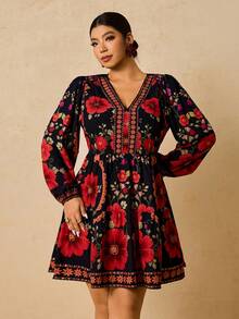 Travachic 大码波西米亚休闲印花海军蓝 V 领长泡泡袖腰部收紧镂空后背蝴蝶结拼接短裙，适合度假、派对、郊游 - 黑色 - 查看 3