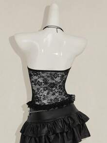 SHEIN ICON Y2K 女式哥特黑银撞色性感蕾丝系带抹胸上衣 - 黑色 - 查看 2
