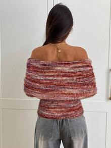 Aloruh 女式性感优雅露肩褶饰修身长袖针织T恤 - 酒紅色 - 查看 3