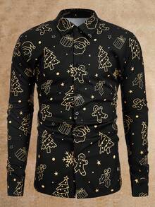 Manfinity VCAY Men's Long Sleeve Gingerbread Man All-Over Print Button-Front Casual Christmas Shirt Treaty Oak Revival - Black - View 2