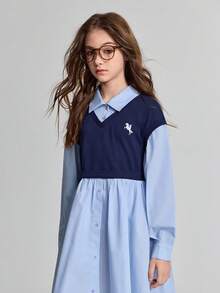 Ontre Tween Girl Blue Embroidered Pattern Collared Patchwork Casual Dress - Blue - View 5