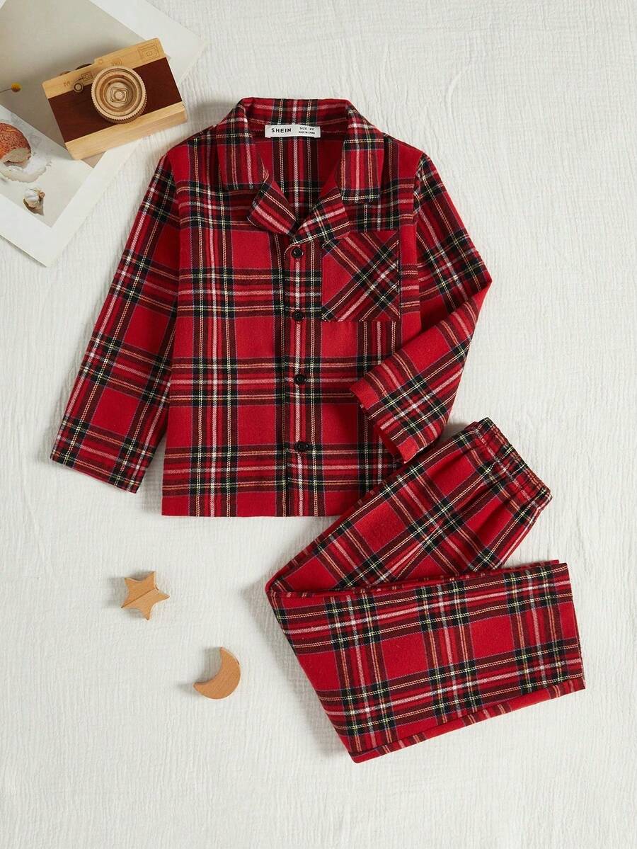 SHEIN 2pcs Young Boy Casual Plaid Simple Placket New Button Red Christmas Pocket Elastic Waist Pajama Set Winter Winter - Multicolor - View 1