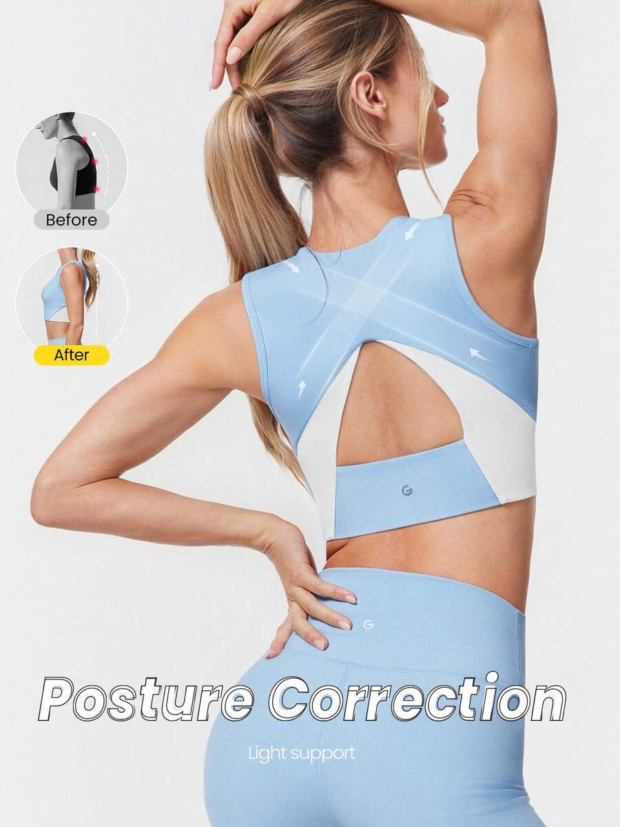 GLOWMODE OptiDry Breathable Compressive Quick-Dry Mesh Paneling Cutout Back Sports Bra Low Impact Yoga Pilates Studio Gym Daily Active Wear Removable Cups - Sky Blue - View 1