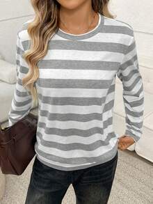 Easowa Round Neck Basic Striped Pattern Casual Comfortable Women Long Sleeve Sweatshirt In Fall/Winter - Multicolor - View 3