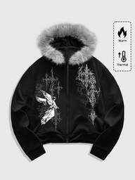 ROMWE MEN Goth Sudadera con capucha con cremallera y estampado de ángel casual para hombre, otoño