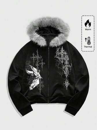 Men's Gothic Fluffy Angel Print Zip-Up Hoodie Sweatshirt, Autumn