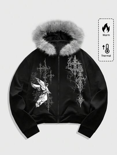 Goth Men's Gothic Fluffy Angel Print Zip-Up Hoodie Sweatshirt, Autumn
