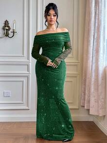 Roveilla 大码水钻装饰不对称肩部修身长款派对连衣裙 - 墨綠色 - 查看 5