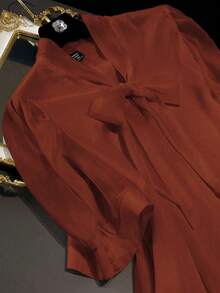 Franclia 大码女式优雅缎面蝴蝶结衬衫 棕色衬衫 棕色连衣裙 高雅秋季连衣裙 锈棕色连衣裙 咖啡棕色连衣裙 - 亮橙色 - 查看 5