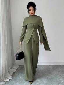 SHEIN Elenzya Women's Military Green Stand Collar Poncho Design V-Neck Waist Cinched Long Sleeve Jacket, Loose Straight Leg Pants Suit, Professional Outfit, Elegant Vibe, Fashionable Autumn Essential, Versatile 3-Piece Set - Army Green - View 3