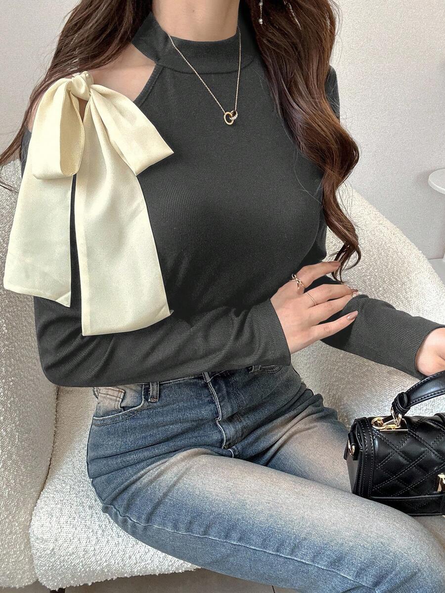 FRIFUL 女式高领肩部镂空蝴蝶结修身甜美长袖 T 恤，女士可爱上衣，秋季 - 深灰色 - 查看 1