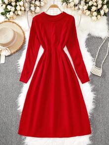 SHEIN Women's Red Sweet Fashion Long Sleeve Maxi Sweater Dress - Red - View 1
