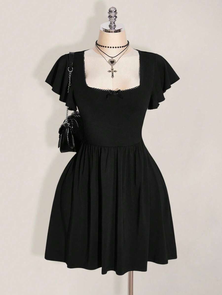 SHEIN ICON Black A-Line Mini Dress With Flounce Sleeves And Ruffle Hem For Fall Black Dress Fall,Wedding Guest Dress Women - Black - View 1