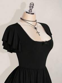 SHEIN ICON Black A-Line Mini Dress With Flounce Sleeves And Ruffle Hem For Fall Black Dress Fall,Wedding Guest Dress Women - Black - View 6