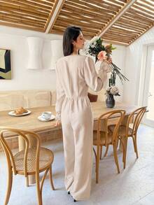 SHEIN Frenchy Combinaison femme à manches longues minimaliste de couleur unie, élégante pour le port quotidien - Nude - Voir 4