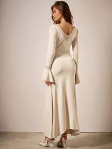 COSMINA 女士优雅通勤纯色蕾丝喇叭袖美人鱼连衣裙 - 杏色 - 查看 5