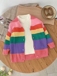 SHEIN Babygirl Cute Colorful Striped Cardigan Sweater, Versatile For Autumn/Winter - Multicolor - View 3