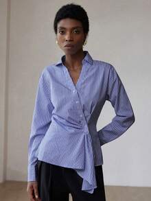 Aveloria Modichic V-Neck Striped Commuter Chic Slim Waist Long Sleeve Shirt - Blue and White - View 3