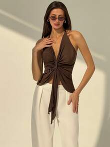 Aloruh 全新棕色音乐节性感露背细肩带深 V 领系带女式背心 - 棕色 - 查看 8