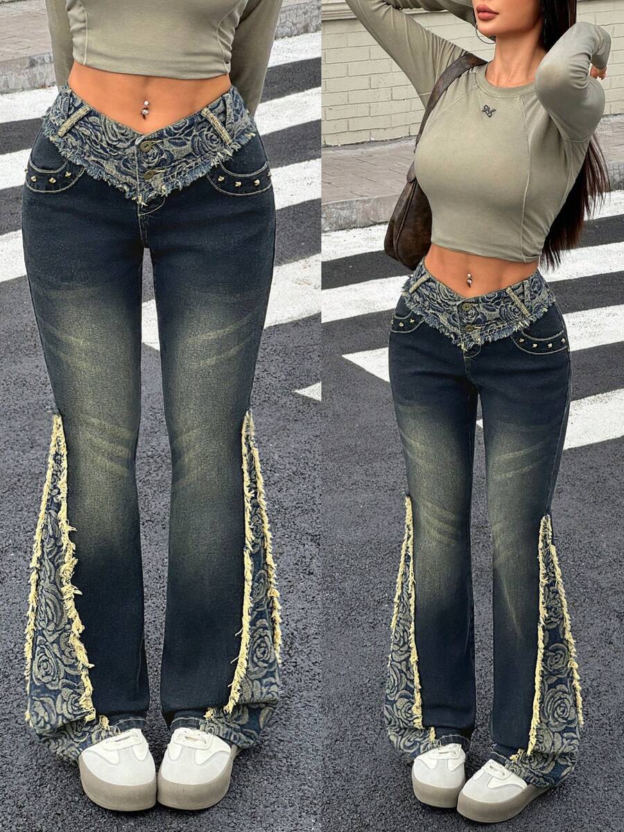Rivivi Jeans acampanados de mujer con estampado de jacquard y parches en estilo retro y vintage - Azul lavado oscuro - Ver 1