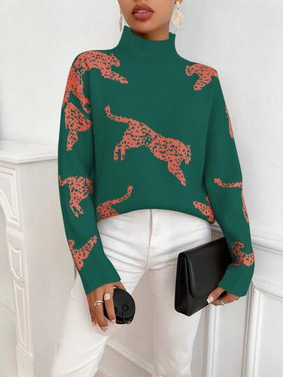 SHEIN Clasi Jersey de cuello alto de manga larga con estampado animal para mujer