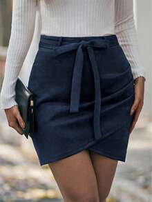 SHEIN LUNE Fashionable Solid Color Wrap Around Skirt, Autumn - Navy Blue - View 4