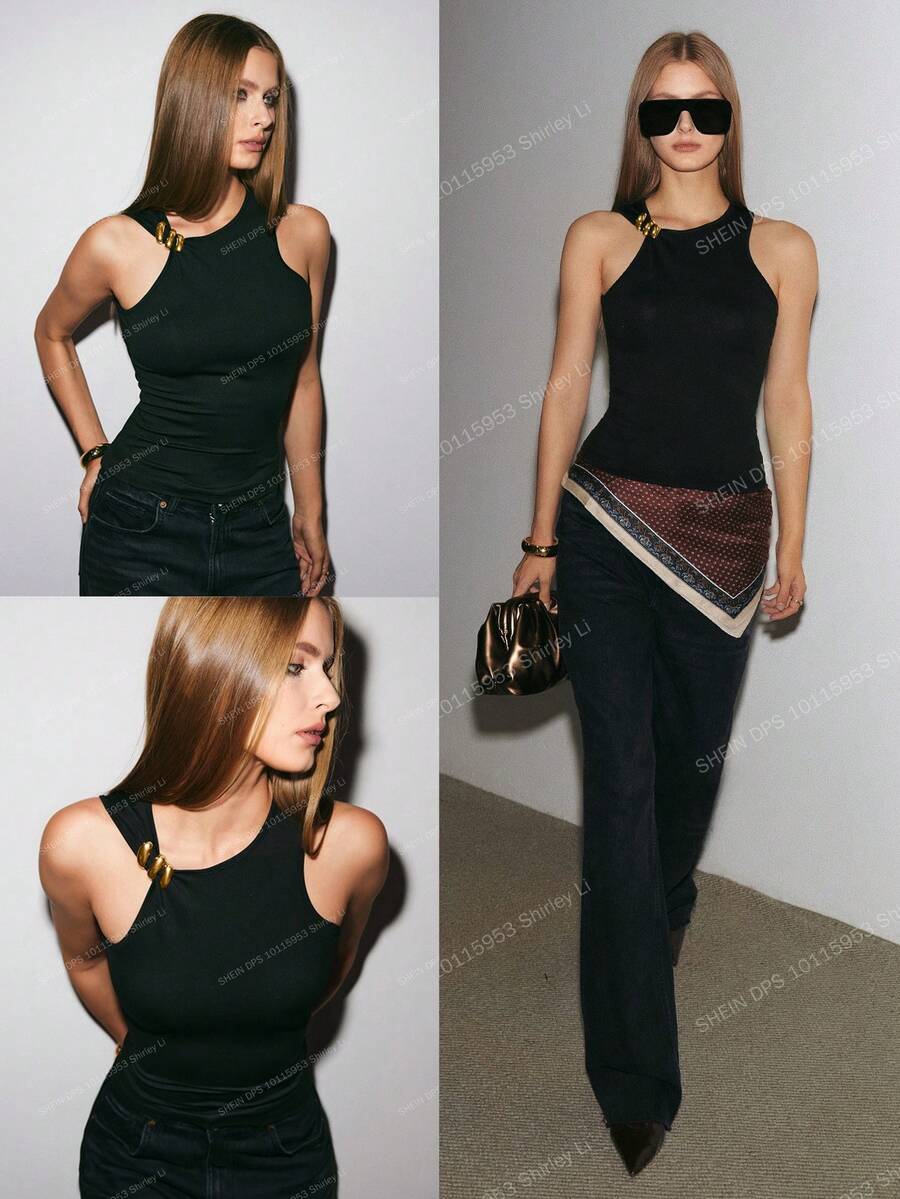 ATUI Studio Damen Asymmetrische Kaltschulter Bluse, sexy & elegante Büro-Lady-Bluse mit Metallknopf-Dekor an der Schulter, modisch für den Arbeitsweg, elegant & sexy, geeignet für Strandurlaub auf Hawaii, Kaltschulter-Design, Bluse, elegantes Damen-Camisole