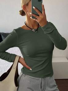 FRIFUL Women's Solid Color Thermal Lined Slim Fit Crew Neck Long Sleeve T-Shirt - Army Green - View 5