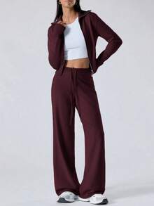 LYSMO Women's Burgundy Zip-Up Cardigan And Knit Pants Casual Sweater 2 Pieces Set, Sweater Set, Autumn/Winter, Winter,Fall,Fall Clothes For Women - Burgundy - View 5