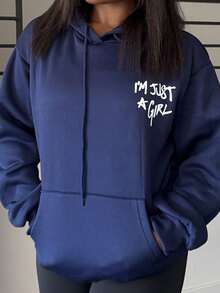 Tyla Gomez sweat-shirt à capuche ample pour femmes avec imprimé slogan, Top à manches longues - Bleu marine - Voir 6