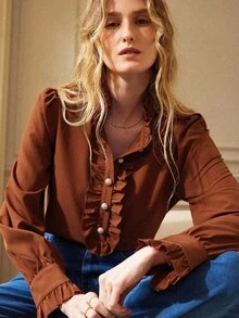 Écloséra French Retro Embroidery Shades Of Brown Lotus Leaf Collar Long-Sleeved Shirt,Women's Autumn Elegant Tea Party Solid Color Fitted Top Teacher Clothing - Rust Brown - View 5