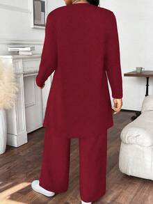 Calvaya Plus Size Women Casual Solid Color Long Top & Pant2 Piecesce Set - Burgundy - View 2
