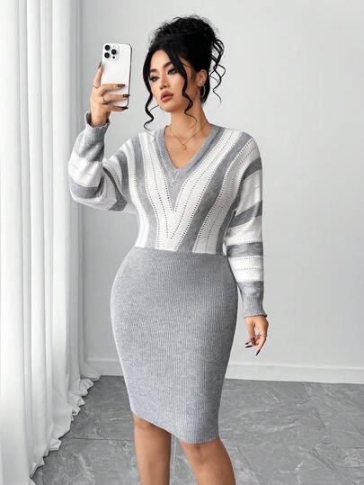 Elenzga Plus Size Autumn/Winter Casual Color Block Striped Fitted Knit Dress