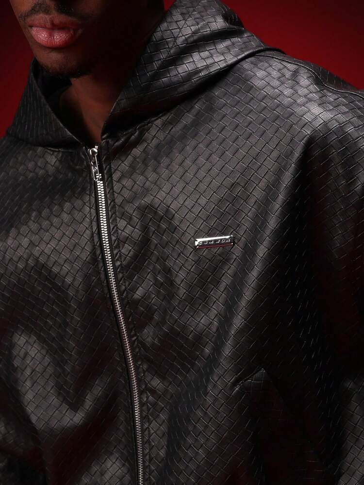 Leather Look Hooded Zip Jacket With Checkered Pattern
