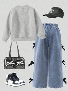 2pcs/Set Young Girls Spring, Autumn & Winter Back To School Casual Fashion Sweatshirt Set, Black Sequin Bow Front, Gray Solid Knit Sweatshirt With Ribbed Cuffs, Collar & Hem, Paired With Black 3D Bow Accent Jeans, Suitable For Cute & Sweet Daily, School, Vacation, Party Wear In Autumn/Winter - Multicolor - View 2