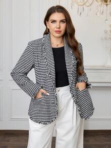 SHEIN Clasi 大码千鸟格西装外套，秋季通勤时尚单品 - 黑與白 - 查看 6