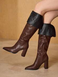 MOTF 时尚尖头粗跟过膝靴，适合约会和派对 - 棕色 - 查看 7