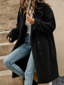 SHEIN Frenchy 秋冬落肩双排扣泰迪熊大衣 - 黑色 - 查看 8