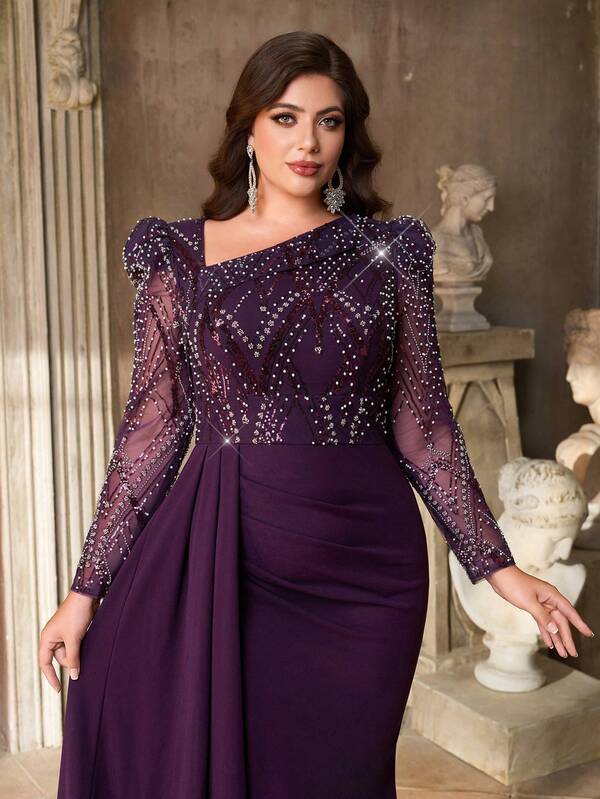 Aureia Plus Size Elegant Romantic Purple Asymmetric Neckline Long Sleeve Sheer Luxury Beaded Patchwork Elastic Fabric Waist Ruched Side Slit Mermaid Hem Formal Gown (Heavily Embellished Design)